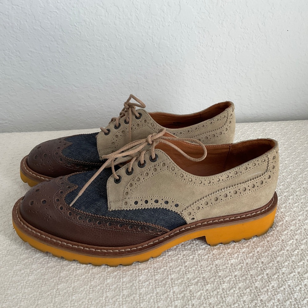 Donald J Pliner Boris Wingtip Oxford Brown Blue Cream Mens 9.5 Italy Pre-Owned - Picture 4 of 10